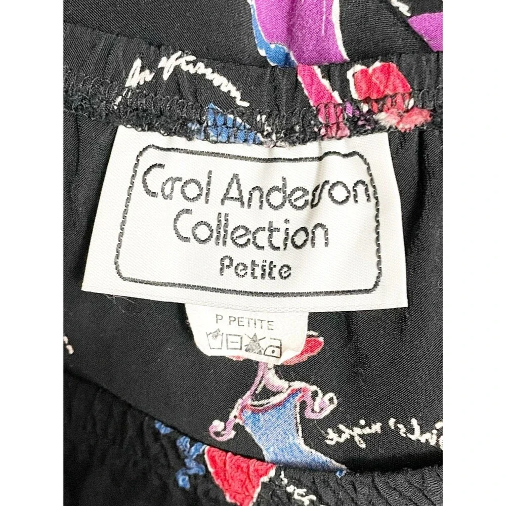 Carol Anderson Petite Vintage 90s Midi Skirt P Black Novelty Print Rayon USA Y2K